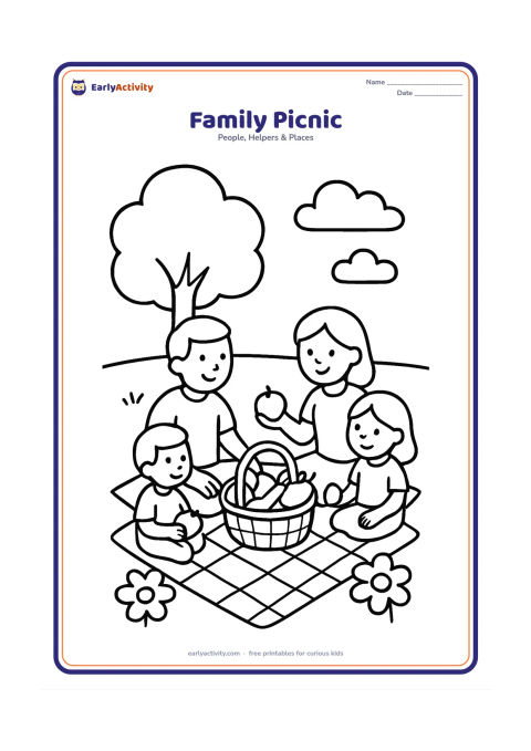 Colouring page: Show two adults and two children sitting on a picnic blanket outdoors, sharing fruit from a basket. Add a tree, two clouds and a few large flowers.