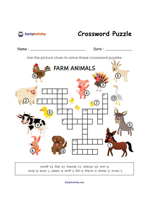 Crossword worksheet with a numbered grid and pictures of farm animals, including a cow, pig, chicken, duck, rabbit, dog, cat, horse, sheep, goat and turkey.
