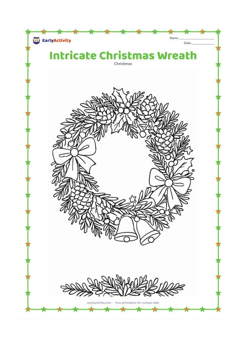 Colouring page: A full circular wreath is built from layered evergreen branches, pinecones, berries, ribbon loops, bells and small stars. Place a blank central opening suitable for adding a greeting…