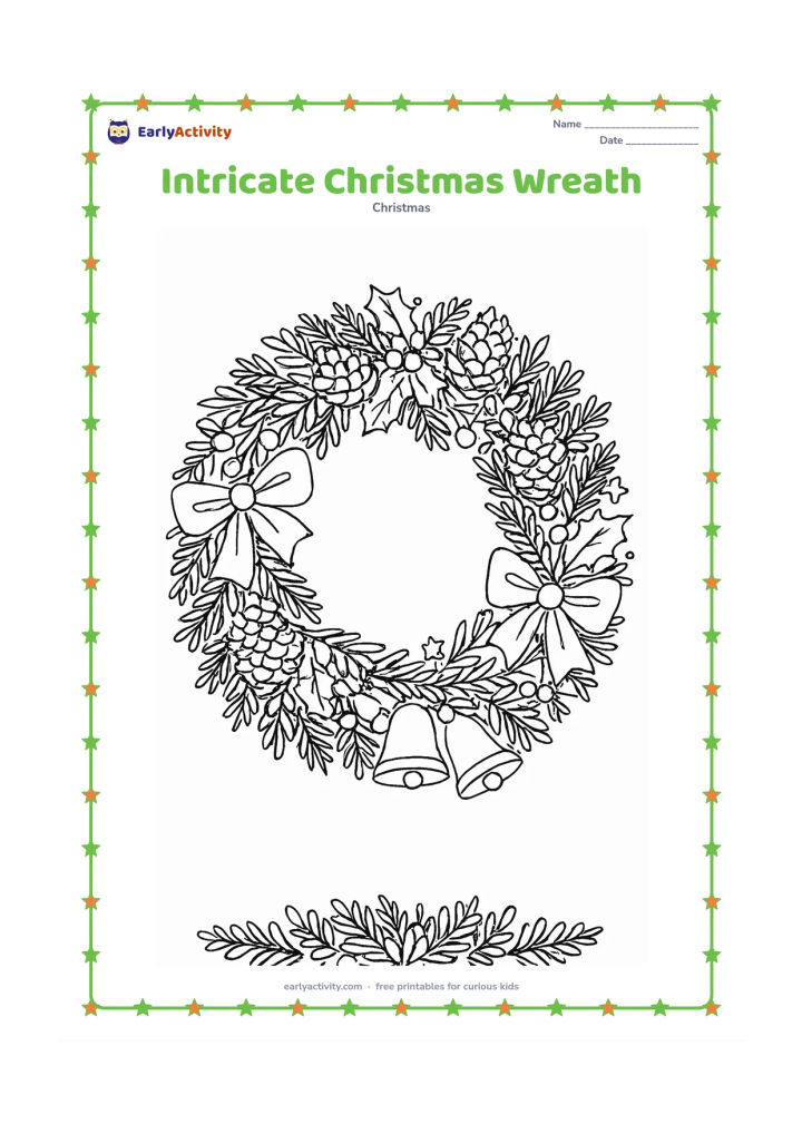 Colouring page: A full circular wreath is built from layered evergreen branches, pinecones, berries, ribbon loops, bells and small stars. Place a blank central opening suitable for adding a greeting…