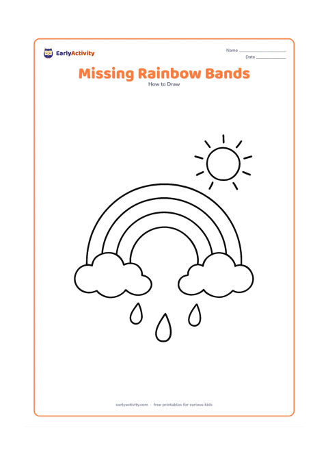 Worksheet: A large rainbow has its outer arc and clouds fully drawn, while several inner bands are intentionally absent so children can add matching curves. Put a small sun and a few raindrops in…