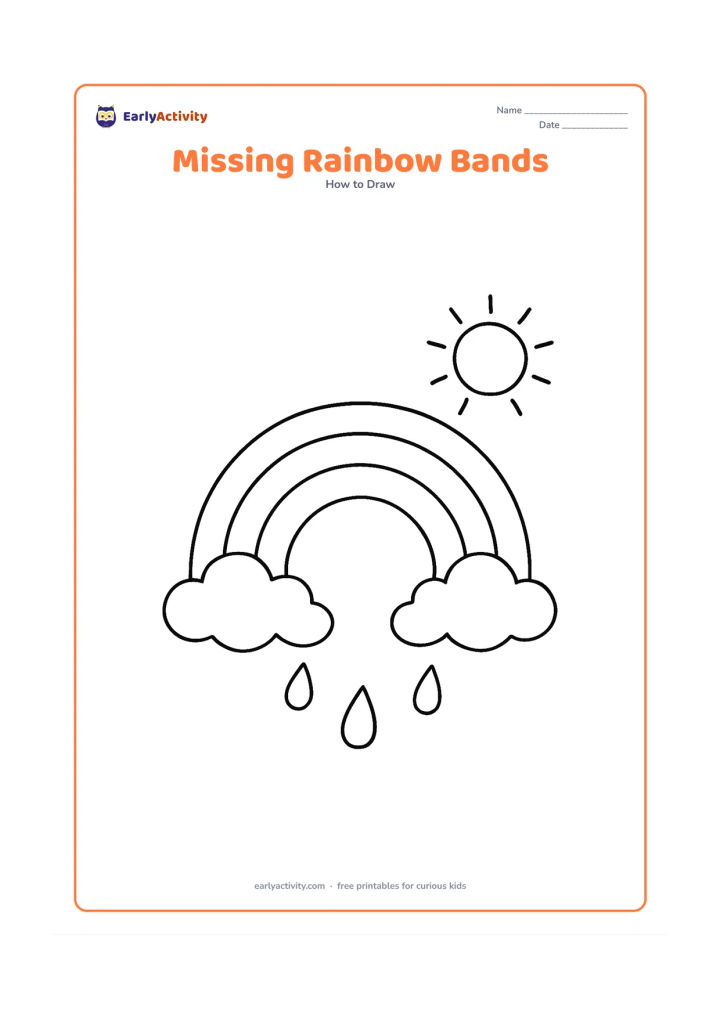 Worksheet: A large rainbow has its outer arc and clouds fully drawn, while several inner bands are intentionally absent so children can add matching curves. Put a small sun and a few raindrops in…