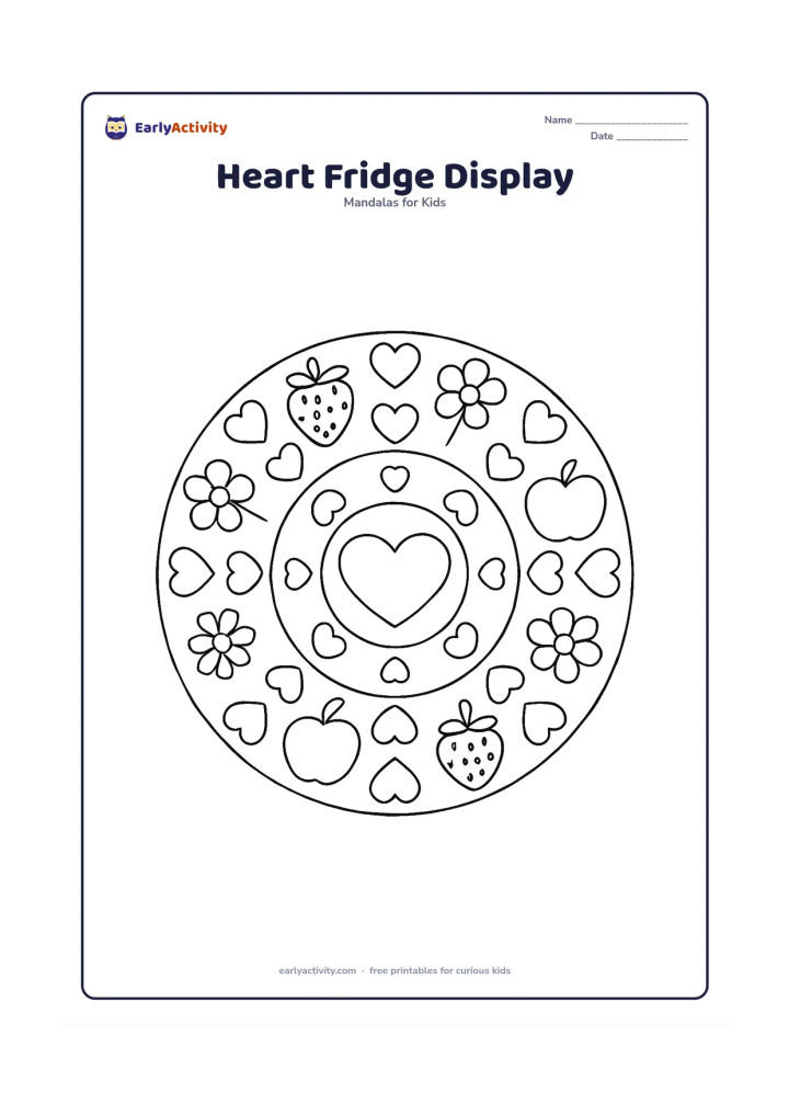 Colouring page: Draw a circular mandala with a central heart held by a simple round magnet, surrounded by repeated fruit magnets, flower magnets, and small hearts. Keep every magnet shape arranged in…