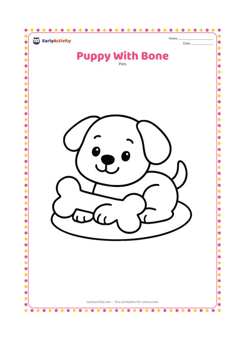 Colouring page: Draw a happy puppy lying down while holding one large plain bone gently between its front paws. Add a simple oval mat underneath.