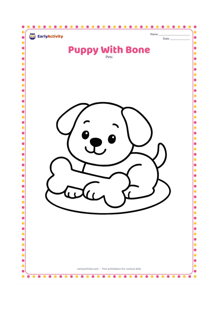 Colouring page: Draw a happy puppy lying down while holding one large plain bone gently between its front paws. Add a simple oval mat underneath.