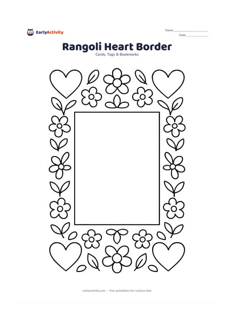 Worksheet: A large empty centre is surrounded by a symmetrical border of hearts, flowers, leaves and simple rangoli-inspired geometric shapes. The centre must remain completely blank for a longer…