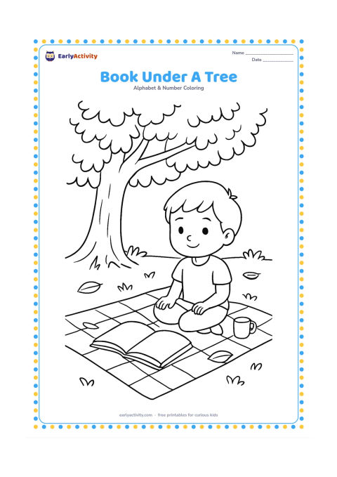 Colouring page: Draw an open, completely blank book lying on a picnic cloth beneath a leafy tree. Add a child sitting nearby, a small cup and several fallen leaves, with no pictures or writing on the pages.