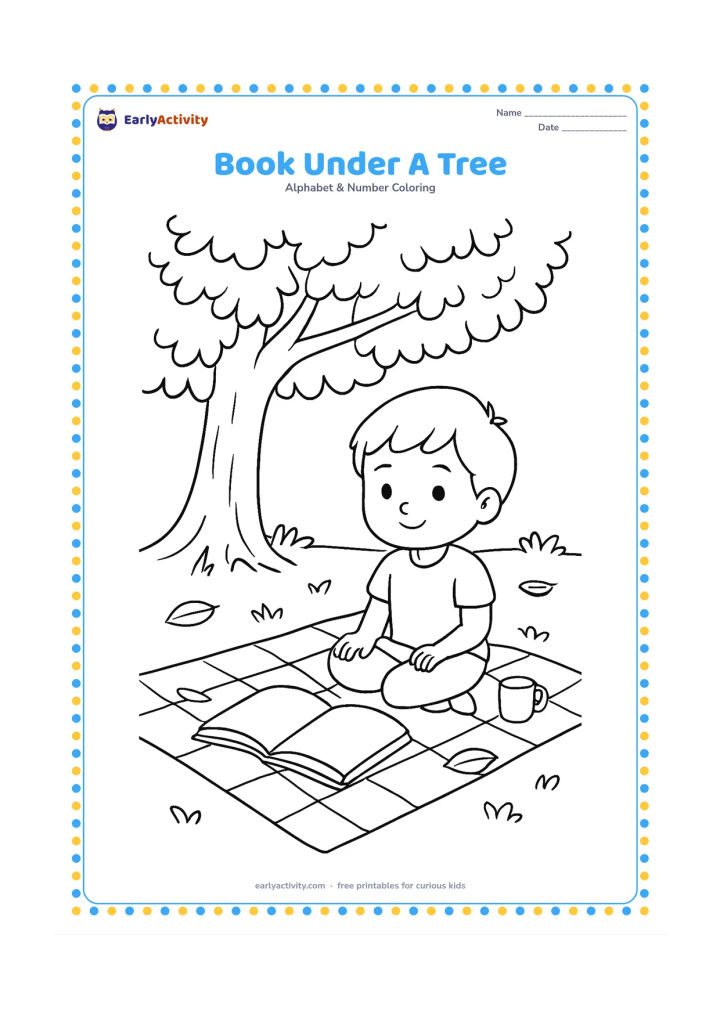 Colouring page: Draw an open, completely blank book lying on a picnic cloth beneath a leafy tree. Add a child sitting nearby, a small cup and several fallen leaves, with no pictures or writing on the pages.