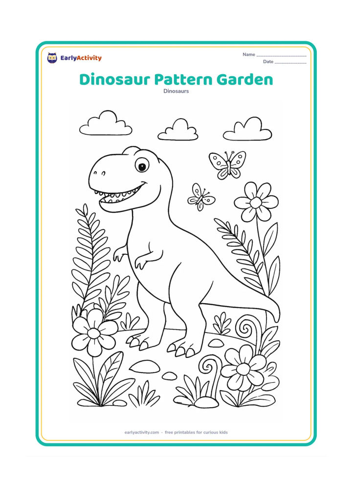 Colouring page: A smiling T-Rex stands in a detailed prehistoric garden surrounded by large flowers, ferns, spiral plants, smooth stones and butterflies. Leave open areas on the dinosaur body and in the…