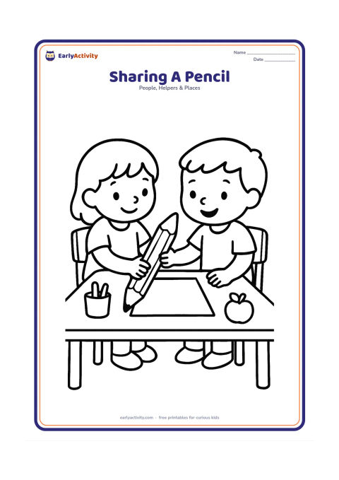 Colouring page: Two children sit at a small table, with one child handing a large pencil to a friend. Include a blank sheet of paper, two chairs, and a few simple classroom objects without markings.