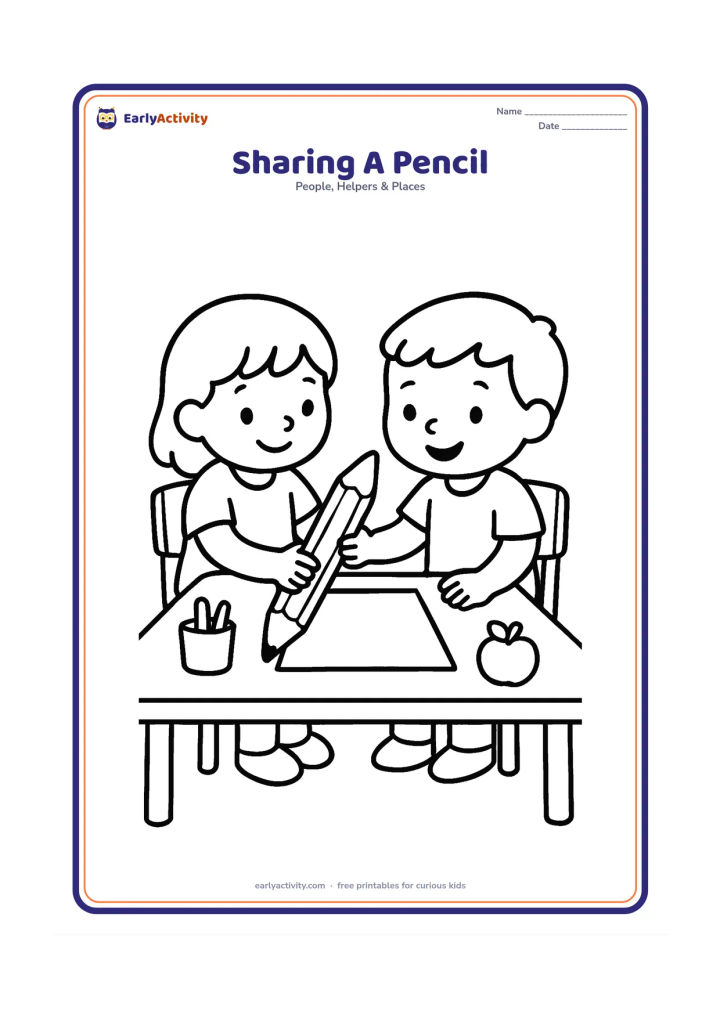 Colouring page: Two children sit at a small table, with one child handing a large pencil to a friend. Include a blank sheet of paper, two chairs, and a few simple classroom objects without markings.