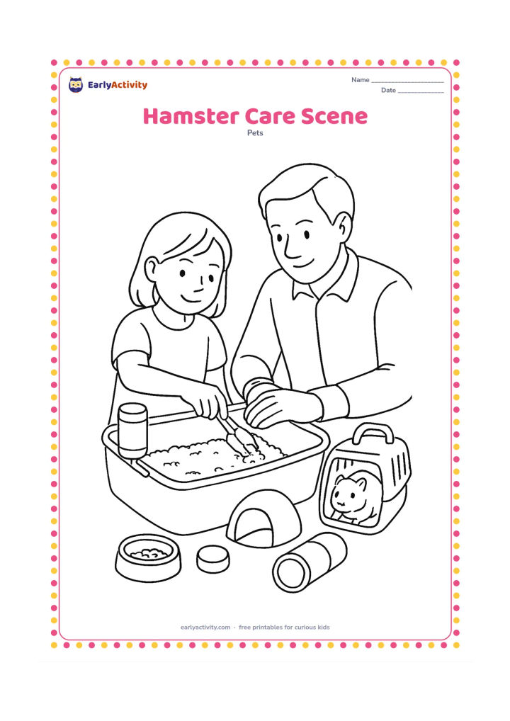 Colouring page: Show a child and adult preparing a clean hamster habitat together, with fresh bedding being placed in one area while the hamster rests safely in a separate carrier. Include a water…