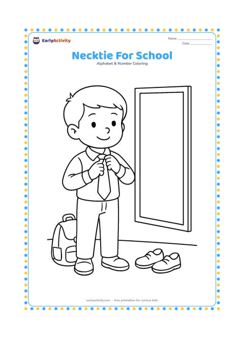 Colouring page: Draw a child standing in front of a mirror while adjusting a necktie over a collared shirt. Show a small school bag and shoes nearby, with the mirror completely blank.