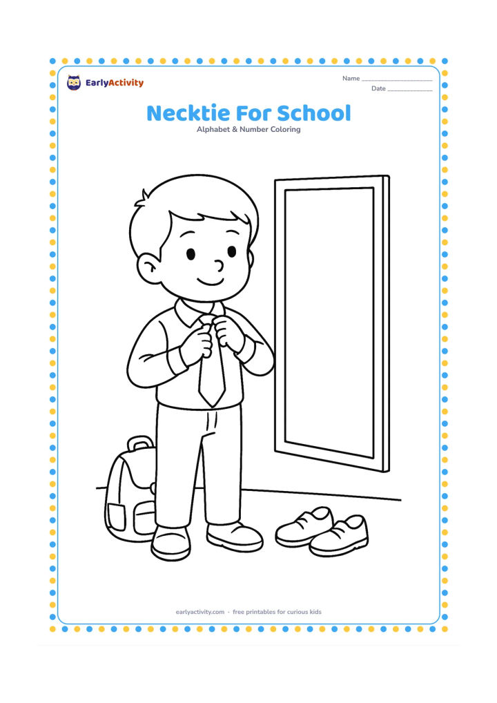 Colouring page: Draw a child standing in front of a mirror while adjusting a necktie over a collared shirt. Show a small school bag and shoes nearby, with the mirror completely blank.
