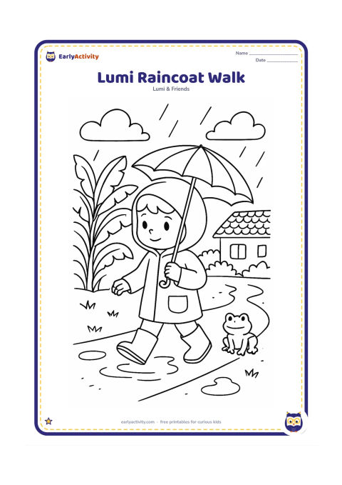 Colouring page: Lumi walks along a village path in a hooded raincoat and carries a small umbrella. Show banana plants, puddles, a distant tiled roof and a friendly frog near the path.