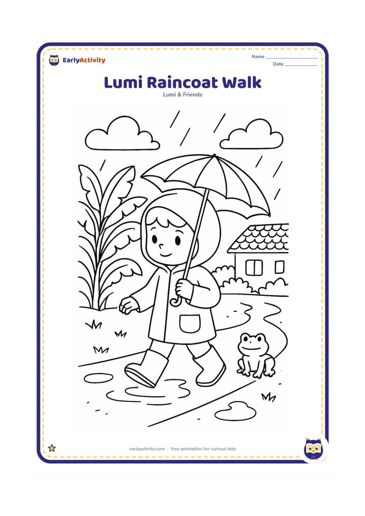 Colouring page: Lumi walks along a village path in a hooded raincoat and carries a small umbrella. Show banana plants, puddles, a distant tiled roof and a friendly frog near the path.