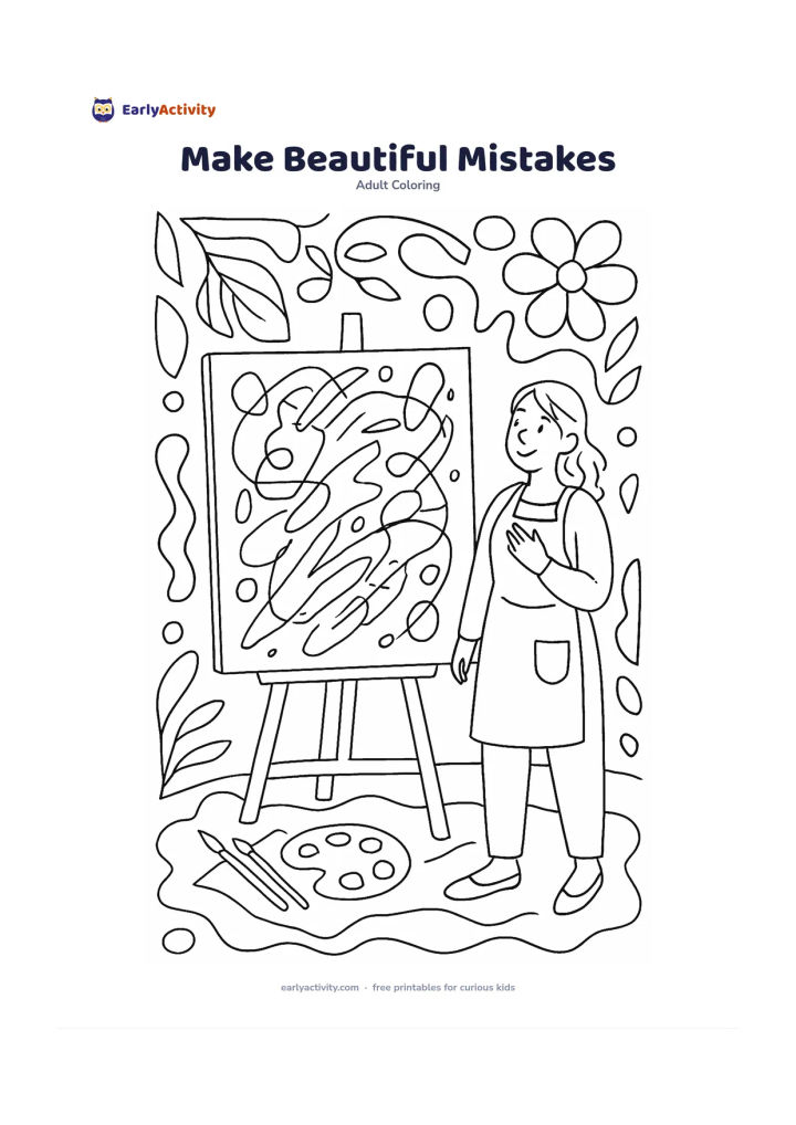 Colouring page: An adult artist smiles at a large abstract painting made from overlapping brushstrokes, splashes and imperfect circles, with a palette, brushes and protective cloth on the floor. Frame…