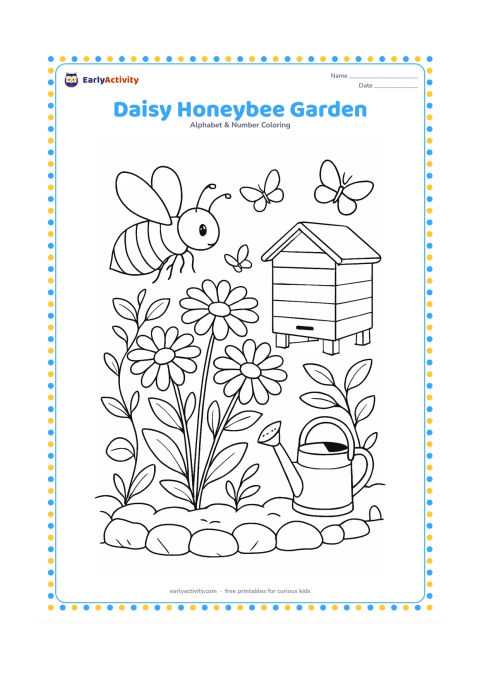 Colouring page: A honeybee visits a cluster of daisies beside a child's garden bed. Include a wooden beehive, winding stems, leaves, a watering can, butterflies and a low stone border.