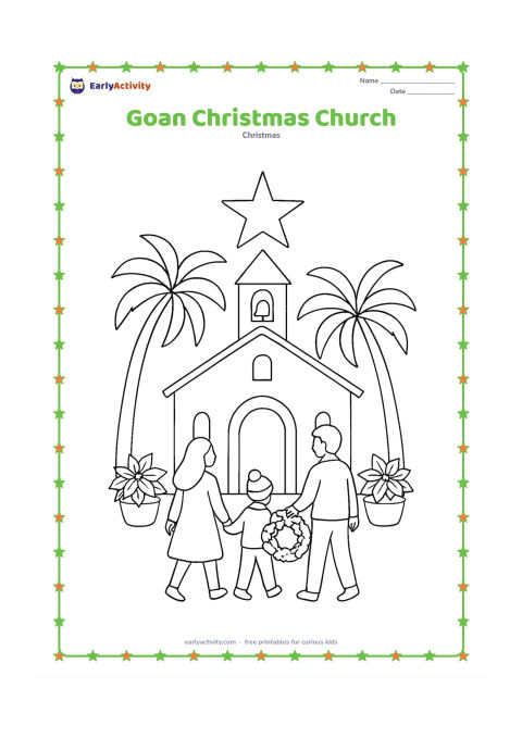 Colouring page: A small festive church with a simple bell tower stands among palm trees and potted poinsettias, while a family walks toward the entrance carrying a wreath. Add a large star above the…