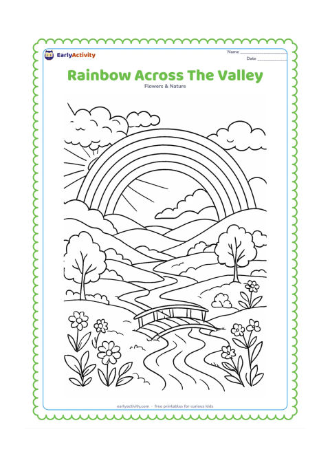 Colouring page: Draw a detailed landscape with a large rainbow spanning a valley of layered hills, winding streams, trees, flowers and a small footbridge. Show sunlight breaking through textured rain…
