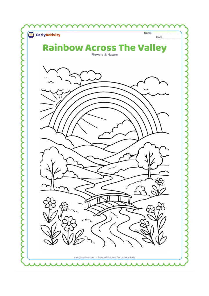 Colouring page: Draw a detailed landscape with a large rainbow spanning a valley of layered hills, winding streams, trees, flowers and a small footbridge. Show sunlight breaking through textured rain…