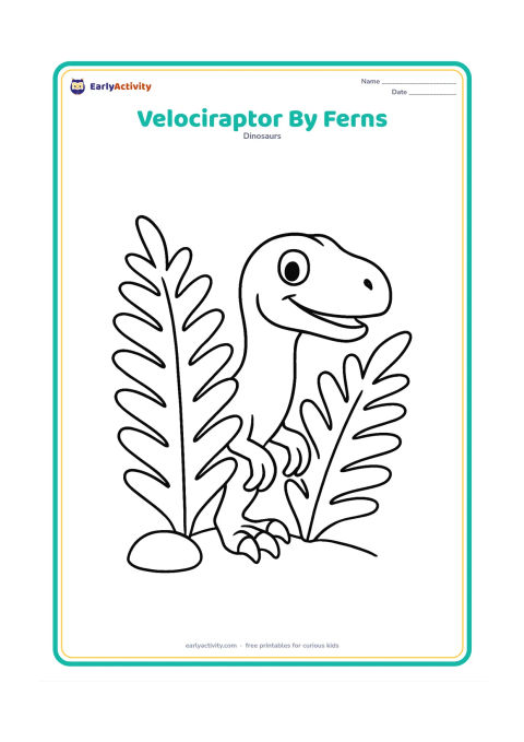 Colouring page: A smiling velociraptor peeks out from behind two large prehistoric ferns, with its head, neck, feet, and curved claws clearly visible. Add one round stone at the base of the ferns.