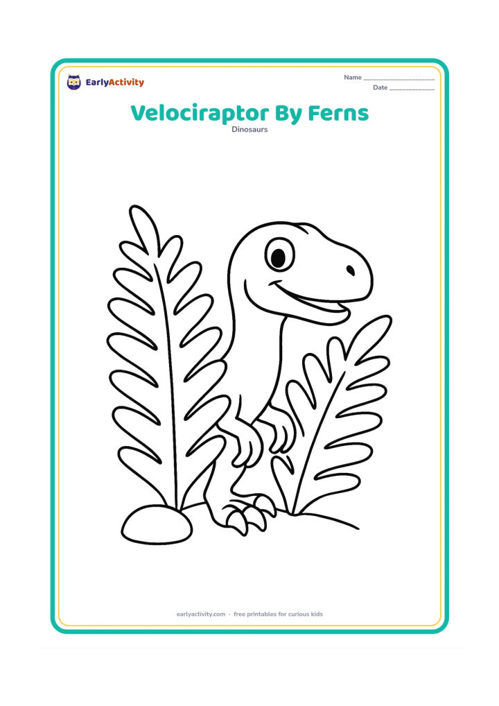 Colouring page: A smiling velociraptor peeks out from behind two large prehistoric ferns, with its head, neck, feet, and curved claws clearly visible. Add one round stone at the base of the ferns.