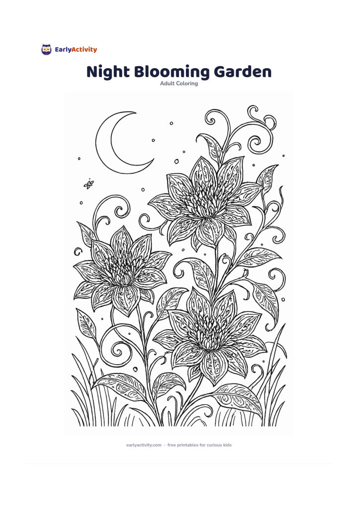 Colouring page: Show large night-blooming flowers opening among moon-shaped leaves, curling vines, and pale grasses in a quiet garden at night. Include a crescent moon and a few firefly-like dots, with…