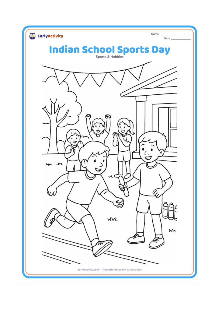 Colouring page: Children take part in a school sports day on an Indian school ground: one child runs, another holds a relay baton, and classmates cheer near trees, a veranda and rows of water bottles.…