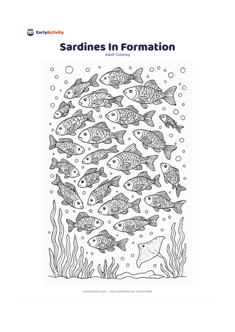 Colouring page: A large school of fish sweeps through the ocean in a flowing spiral, with each fish facing the same general direction but using varied body angles. Add scattered bubbles, seaweed and a…