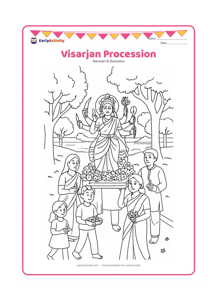 Colouring page: A peaceful final-day procession carries a decorated Durga idol on a flower-covered platform while families walk beside it with diyas and flowers. Show an Indian street, trees, and a…