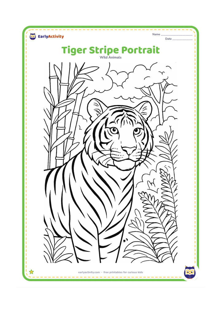 Colouring page: A tiger faces three-quarters toward the viewer from a leafy Asian forest, showing its eyes, whiskers, rounded ears, and individual stripe pattern. Add bamboo, ferns, and a softly layered…
