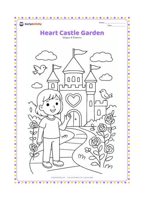 Colouring page: A friendly child stands before a small castle whose central window is heart-shaped, surrounded by a garden path, roses, flags without markings, and two birds.