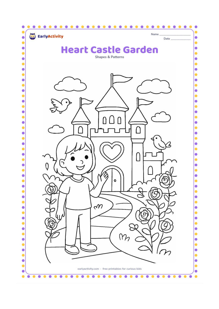 Colouring page: A friendly child stands before a small castle whose central window is heart-shaped, surrounded by a garden path, roses, flags without markings, and two birds.