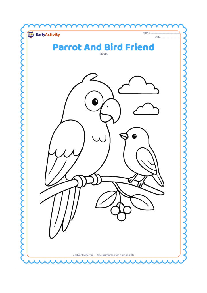 Colouring page: Draw a parrot and a small friendly songbird sitting on the same branch, facing each other. Add a few leaves, berries, and a distant pair of clouds.