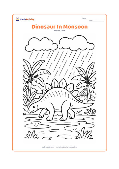 Worksheet: Show a plated dinosaur walking through a lush monsoon landscape, with step stages for overlapping legs, tail movement, back plates, and rain-slick ground. Add banana plants, puddles,…