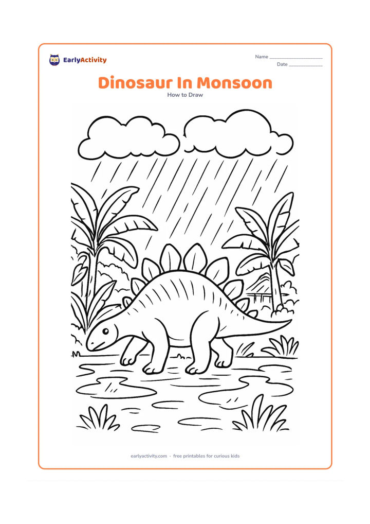 Worksheet: Show a plated dinosaur walking through a lush monsoon landscape, with step stages for overlapping legs, tail movement, back plates, and rain-slick ground. Add banana plants, puddles,…