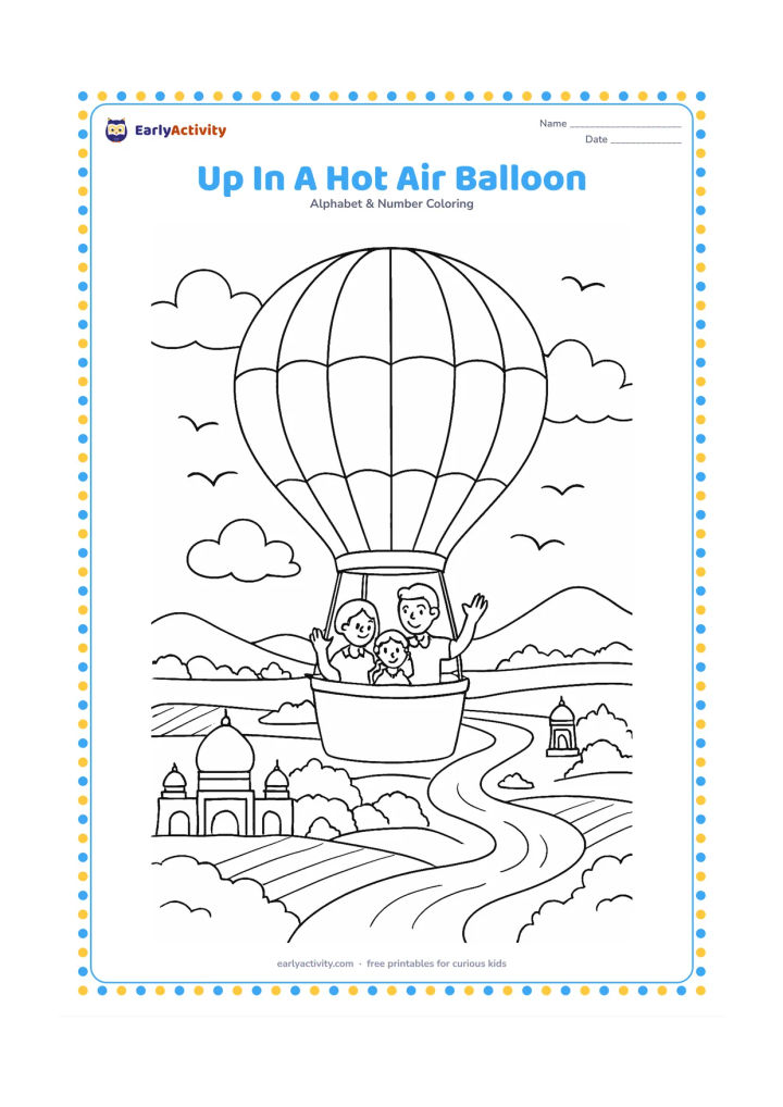 Colouring page: Draw a hot-air balloon rising above an Indian landscape while a family in the basket looks upward and waves. Include clouds, birds, fields, a river, temple-like rooftops without symbols,…