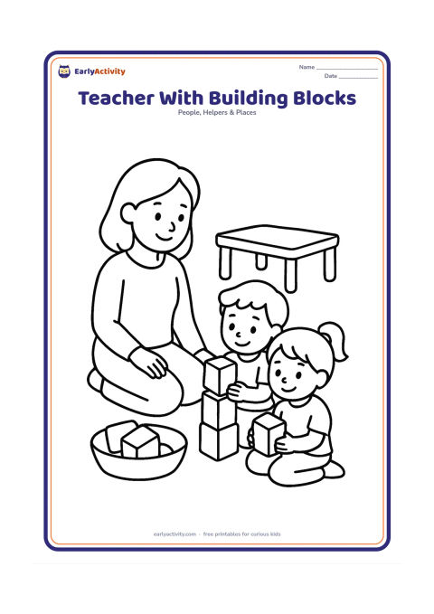 Colouring page: A teacher sits on the floor beside two children building a short tower from large blocks. Add a shallow basket of blocks and a low activity table in the background.