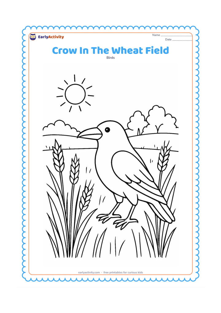 Colouring page: A crow stands among tall grain stalks, with a distant tree line, low hills, and a sun above the field.