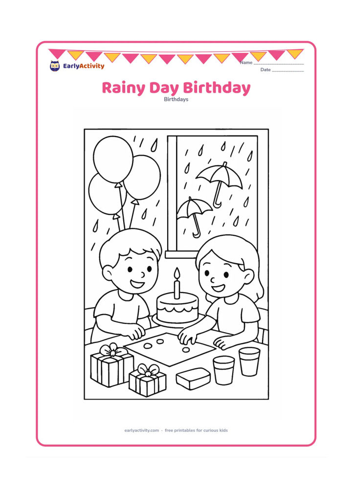 Colouring page: Children celebrate indoors beside a window showing raindrops and umbrellas outside. A table holds a cake, gifts, cups, and balloons, while two children play with a simple board game.