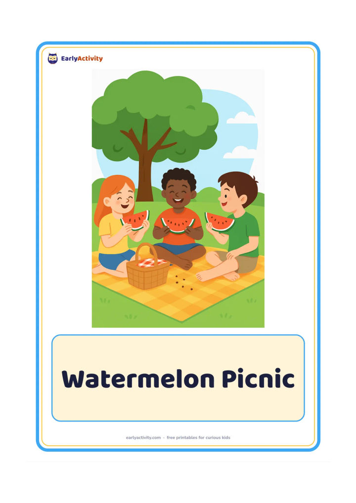 Flashcard: Draw three children sharing watermelon slices on a picnic mat in a park during summer. Include a basket, leafy shade tree and a few seeds scattered on the mat.