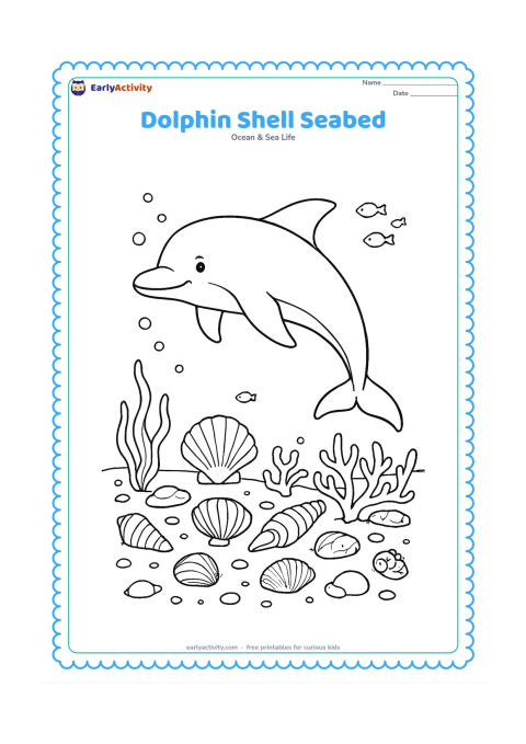 Colouring page: Draw a dolphin swimming low over a detailed seabed filled with different shells, pebbles, sea grass, coral pieces, and small bubbles. Add a few tiny fish in the background and leave the…