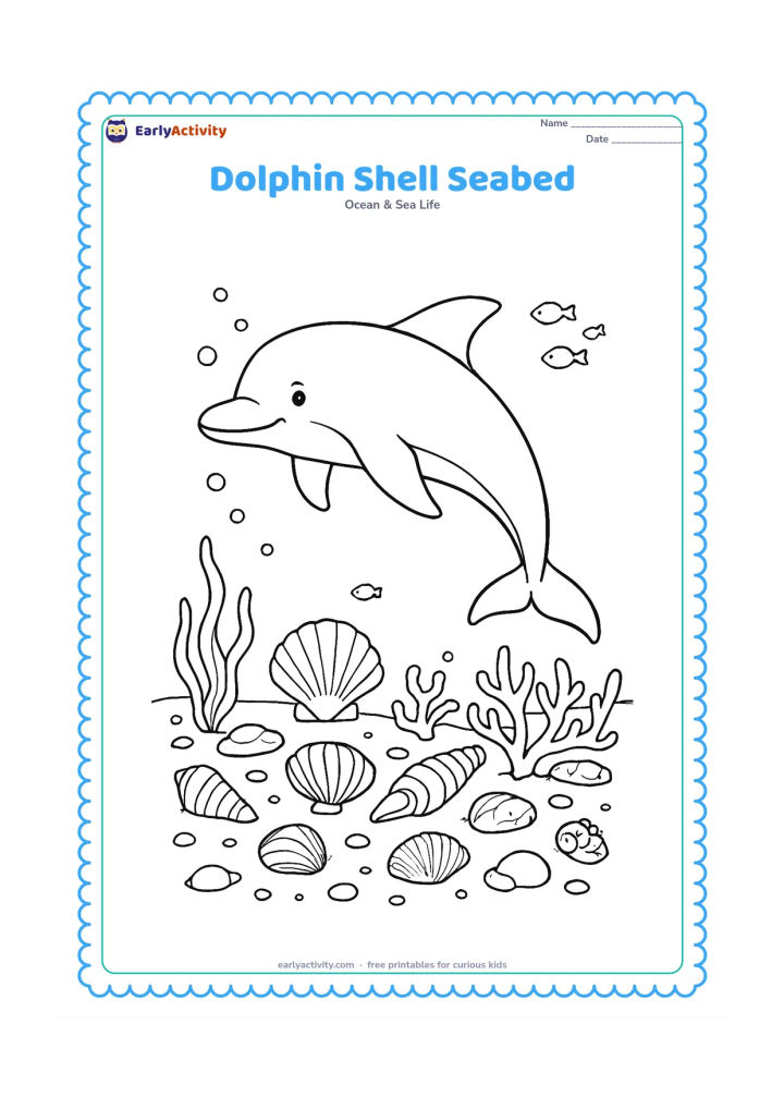 Colouring page: Draw a dolphin swimming low over a detailed seabed filled with different shells, pebbles, sea grass, coral pieces, and small bubbles. Add a few tiny fish in the background and leave the…