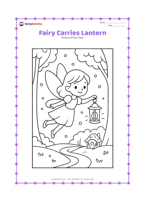 Colouring page: A flying fairy carries a small glowing lantern along a woodland path at dusk. Add tall trees, fireflies, curved hills and a fairy house in the distance.