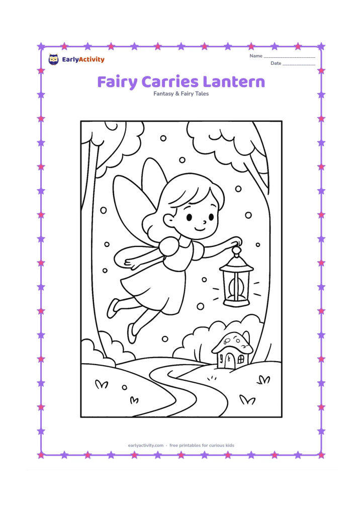Colouring page: A flying fairy carries a small glowing lantern along a woodland path at dusk. Add tall trees, fireflies, curved hills and a fairy house in the distance.
