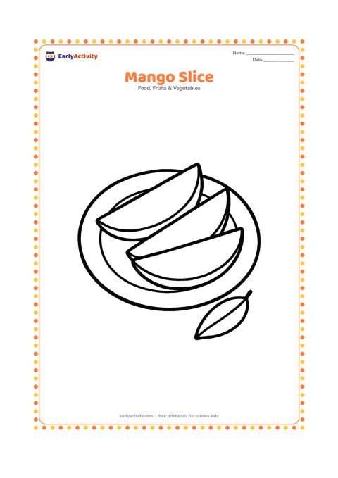 Colouring page: Draw three large mango slices arranged on a simple plate, with one mango leaf beside the plate.