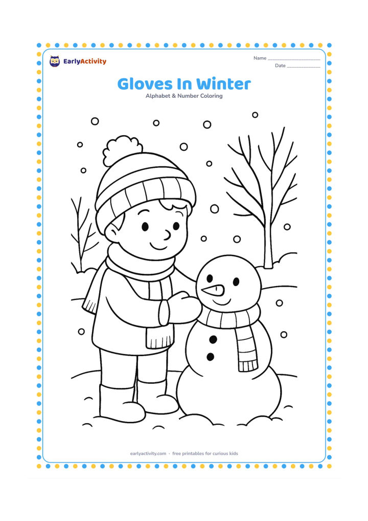 Colouring page: A child wears warm gloves while building a small snow figure in a winter park. Include a scarf on the snow figure, bare tree branches, and softly falling snowflakes.