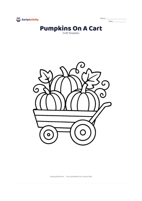 Worksheet: Three pumpkins rest in a simple handcart with two large wheels, a handle, leaves, and a few curling vines. The cart has broad panels and the pumpkins remain clear separate craft shapes.
