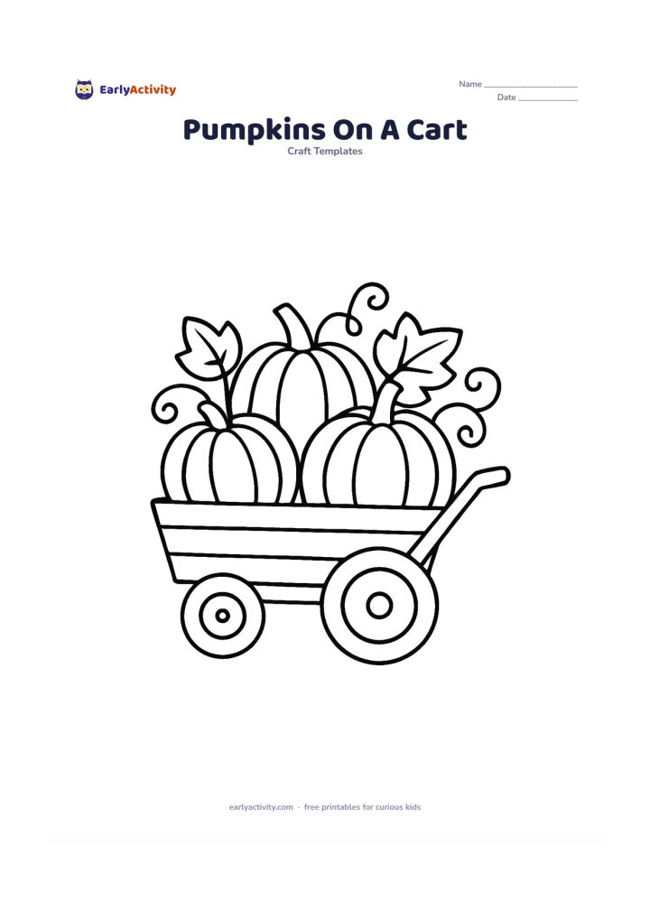 Worksheet: Three pumpkins rest in a simple handcart with two large wheels, a handle, leaves, and a few curling vines. The cart has broad panels and the pumpkins remain clear separate craft shapes.